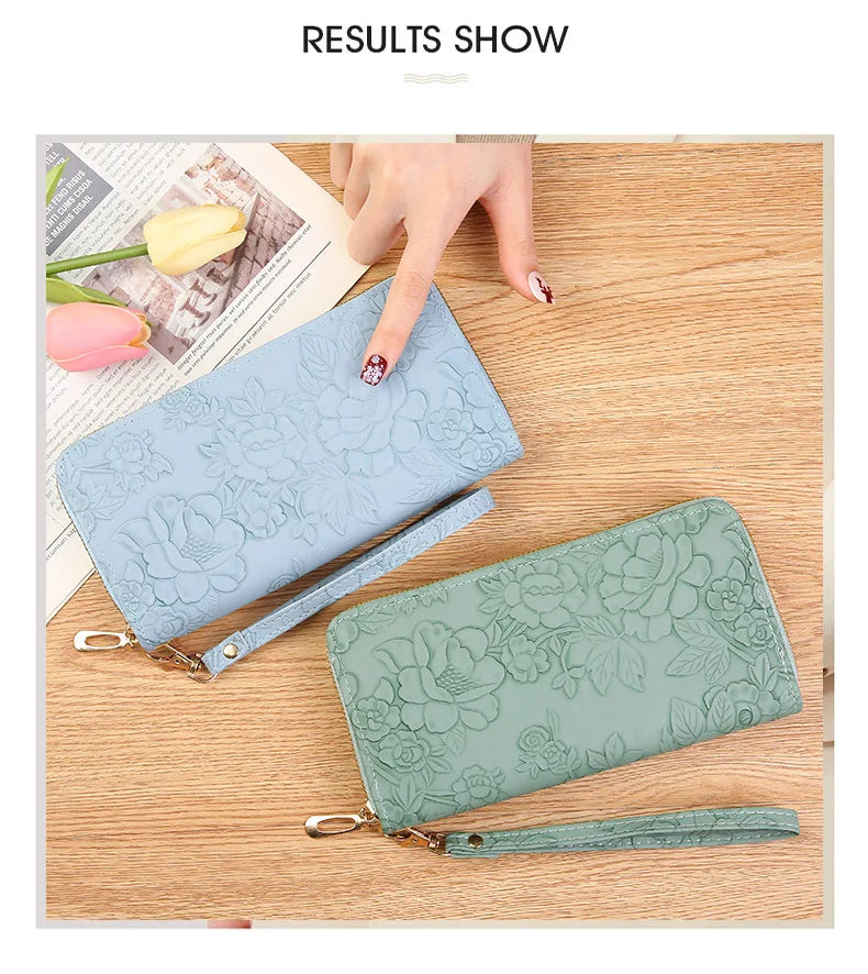 Long Zippered Women's Purse,Enlarged Ladies Phone Wallet,Embossed Design Fashionable Minimalist Money Bag,Lady Leather Purses