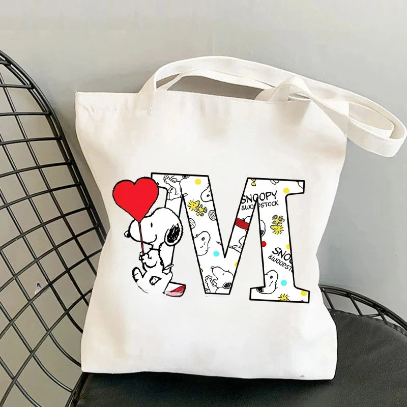 Snoopy Simple High-capacity Canvas Bags Women Anime Letter A-Z Printing Shopping Handbag Students Daily Portable Shoulder Bag