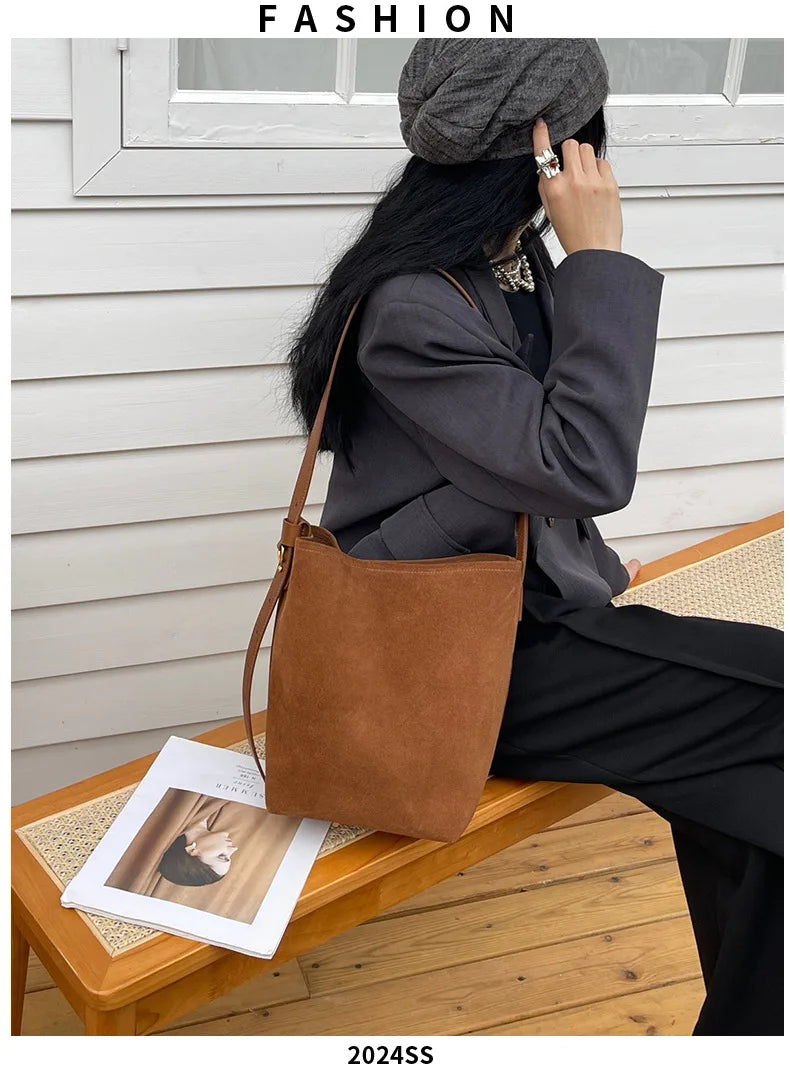 Motingsome Frosted Cowhide Bucket Bag Women Luxury Suede Leather Purses Lazy Style Crossbody Shoulder Winter Large Bag 2024 New