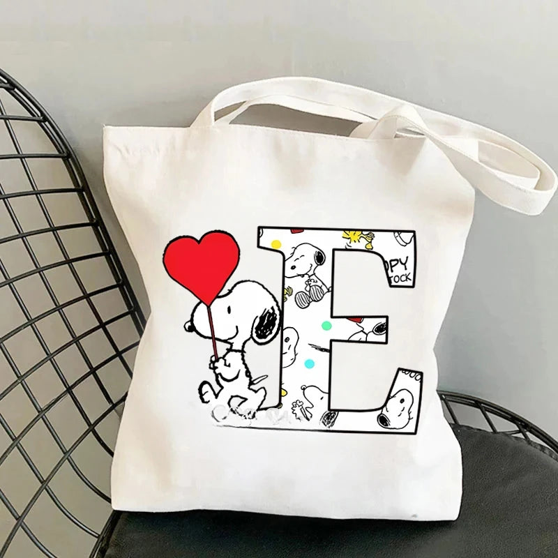 Snoopy Simple High-capacity Canvas Bags Women Anime Letter A-Z Printing Shopping Handbag Students Daily Portable Shoulder Bag