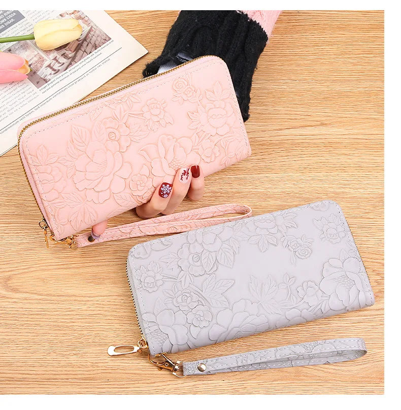 Long Zippered Women's Purse,Enlarged Ladies Phone Wallet,Embossed Design Fashionable Minimalist Money Bag,Lady Leather Purses