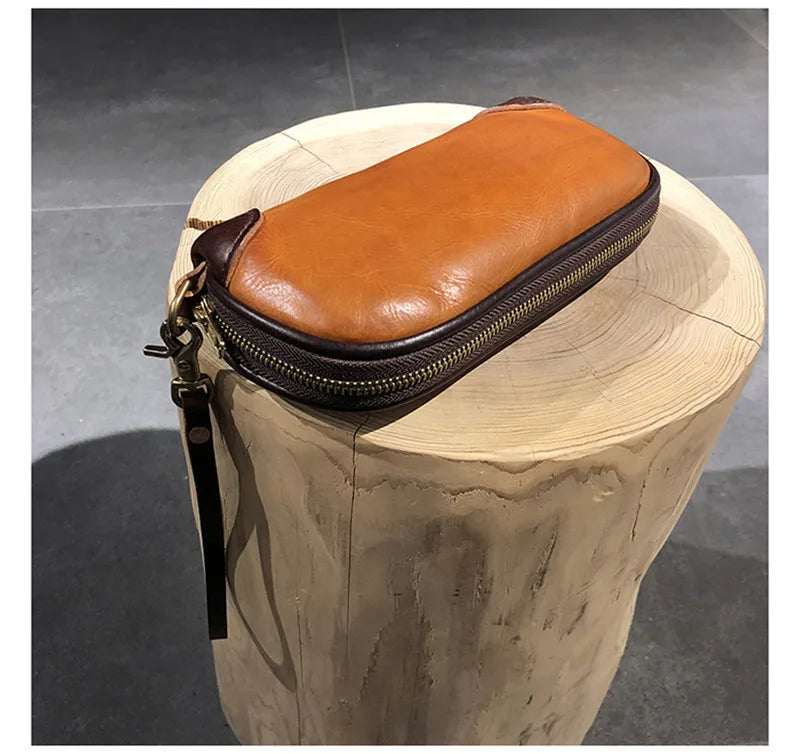 Vintage Handmade Luxury Genuine Leather Men Clutch Bag Casual Designer High Quality Real Cowhide Phone Card Holder Wallet