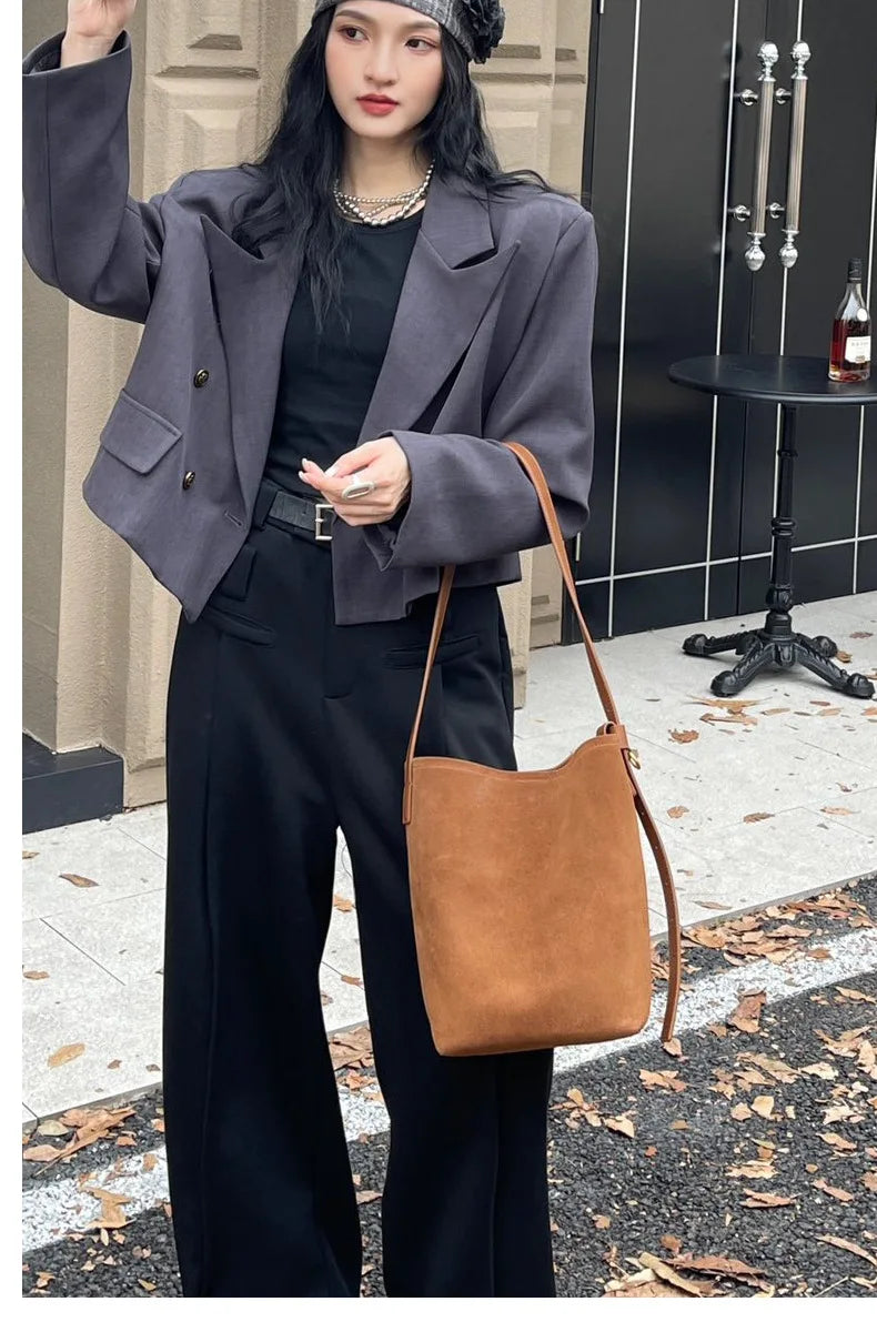 Motingsome Frosted Cowhide Bucket Bag Women Luxury Suede Leather Purses Lazy Style Crossbody Shoulder Winter Large Bag 2024 New