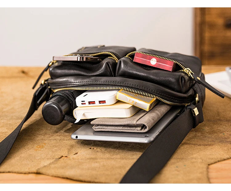 Fashion designers handmade vegetable tanned leather men's shoulder bag casual luxury genuine leather teens black crossbody bag