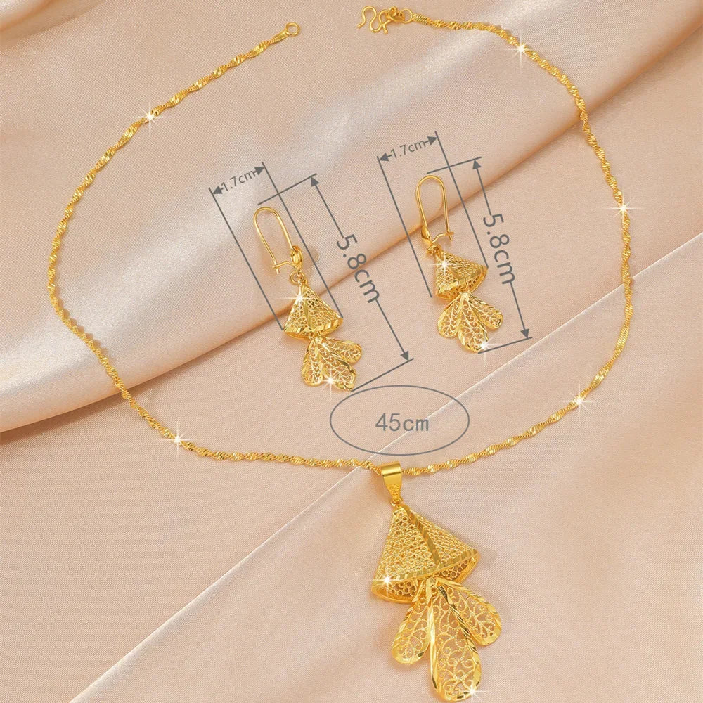 9999 Real Gold Leaf Flower Necklace Earring Set | Wedding Pendants for Brides | 24K Gold Women's Elegant Jewelry