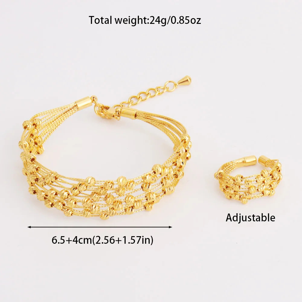 Noble Dubai Gold Color Jewelry Set For Women Luxury Multi Layer Bangle And Multi Bead Ring For Easter Gifts Wedding Arabic Party
