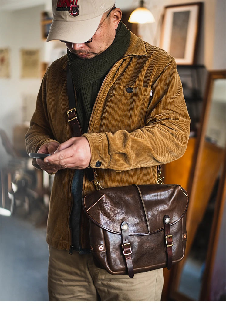 Vintage personality designer handmade high-quality cow leather men's messenger bag work luxury genuine leather shoulder bag