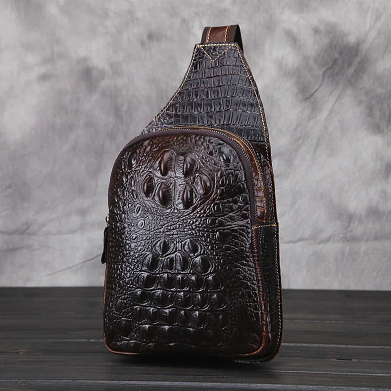 Men's Genuine Leather Crossbody Bag Vintage Crocodile Embossed Luxury Shoulder Bag Chest Bag Designer Adjustable Strap Zipper