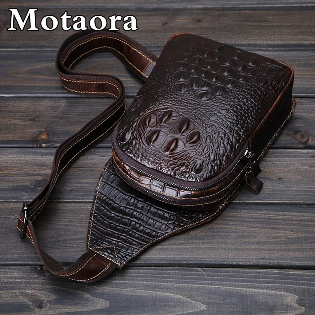 Men's Genuine Leather Crossbody Bag Vintage Crocodile Embossed Luxury Shoulder Bag Chest Bag Designer Adjustable Strap Zipper