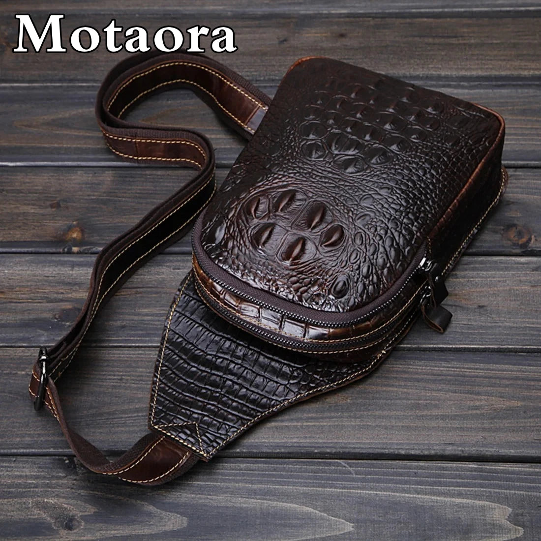 Men's Genuine Leather Crossbody Bag Vintage Crocodile Embossed Luxury Shoulder Bag Chest Bag Designer Adjustable Strap Zipper