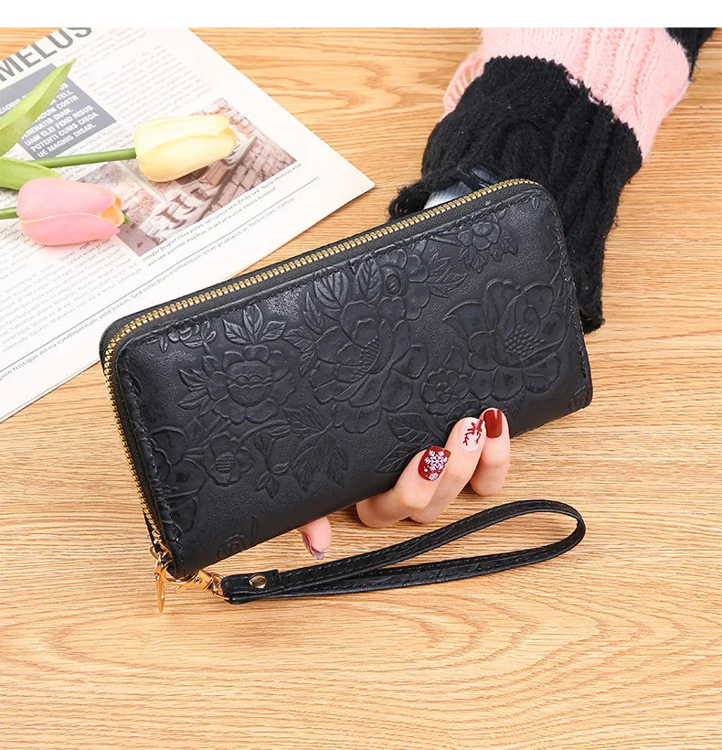 Long Zippered Women's Purse,Enlarged Ladies Phone Wallet,Embossed Design Fashionable Minimalist Money Bag,Lady Leather Purses