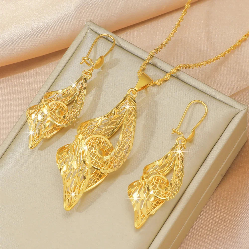 9999 Real Gold Leaf Flower Necklace Earring Set | Wedding Pendants for Brides | 24K Gold Women's Elegant Jewelry