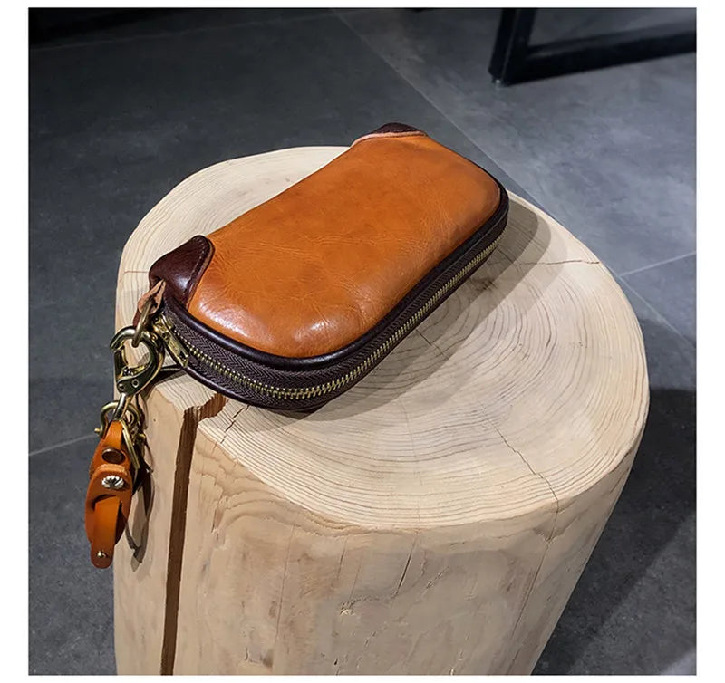 Vintage Handmade Luxury Genuine Leather Men Clutch Bag Casual Designer High Quality Real Cowhide Phone Card Holder Wallet