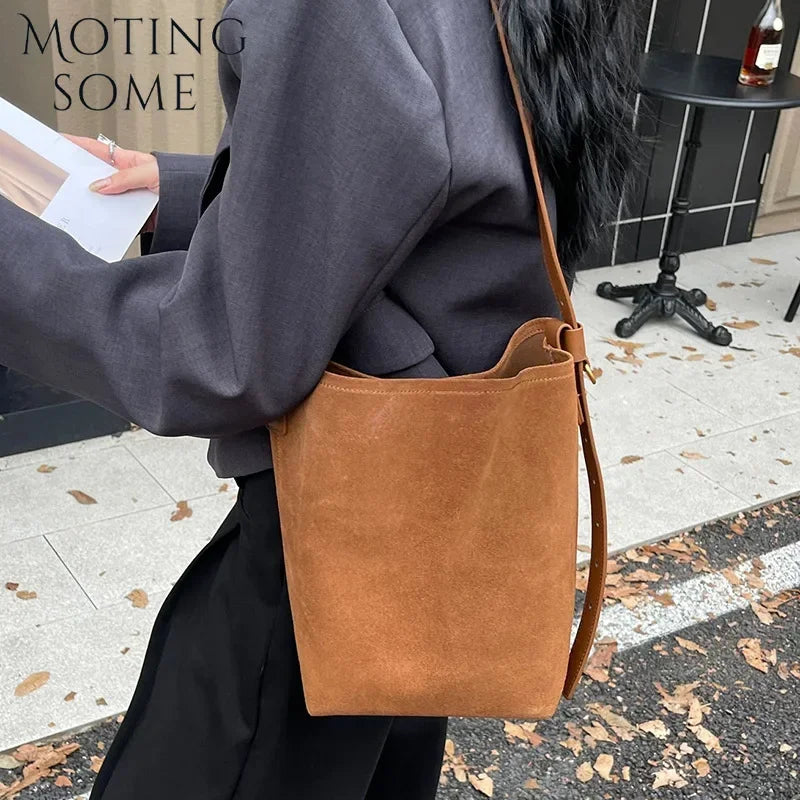 Motingsome Frosted Cowhide Bucket Bag Women Luxury Suede Leather Purses Lazy Style Crossbody Shoulder Winter Large Bag 2024 New