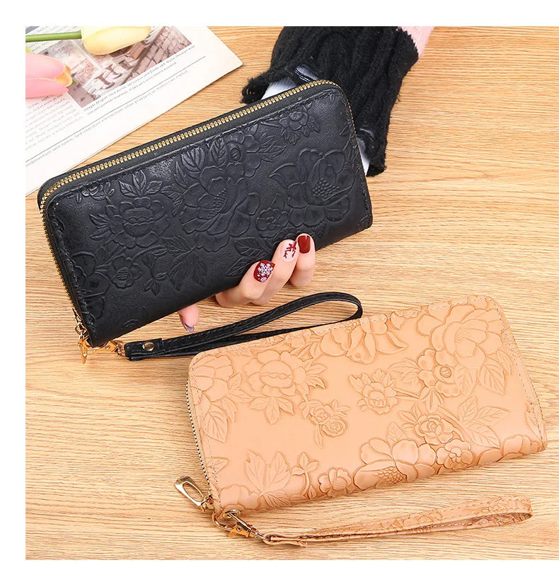 Long Zippered Women's Purse,Enlarged Ladies Phone Wallet,Embossed Design Fashionable Minimalist Money Bag,Lady Leather Purses