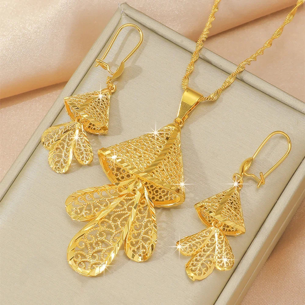 9999 Real Gold Leaf Flower Necklace Earring Set | Wedding Pendants for Brides | 24K Gold Women's Elegant Jewelry