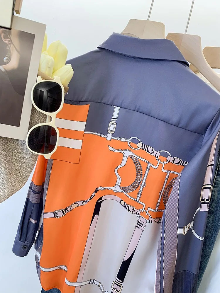 Luxury Brand Design Imitation Silk Orange Grey 2025 Spring Summer Long Sleeves Shirt For Women Elegant Fashion Lady Top Clothes