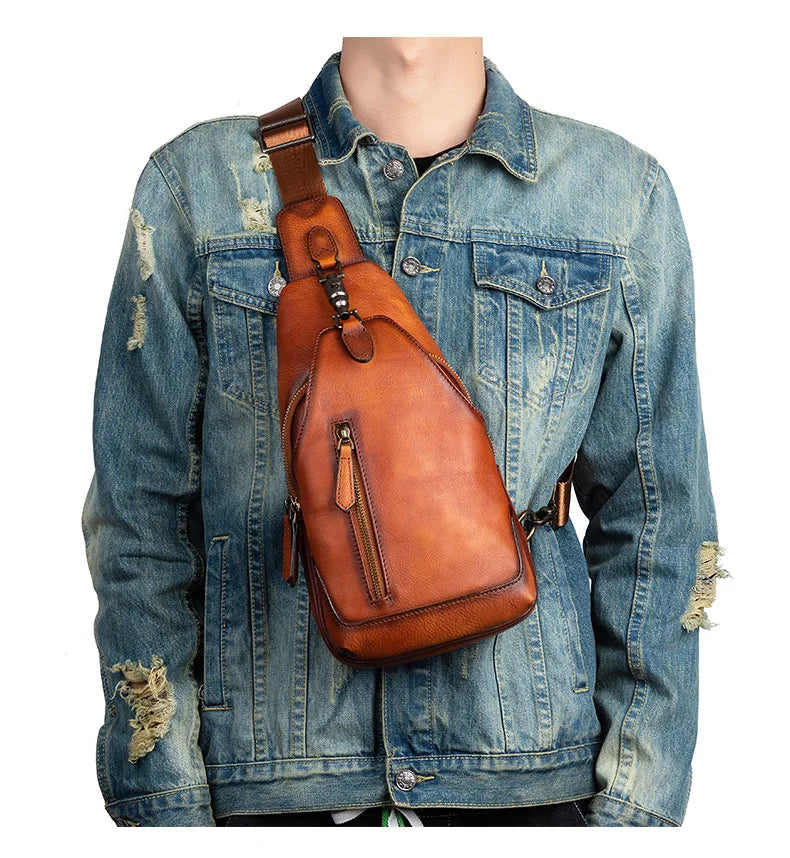 Anti theft  Men's Bag Luxury Brand Designer Single Shoulder Chest Bag Leather Male Crossbody Chest Pack Street Small Sling Bag