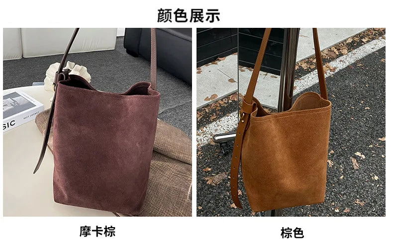 Motingsome Frosted Cowhide Bucket Bag Women Luxury Suede Leather Purses Lazy Style Crossbody Shoulder Winter Large Bag 2024 New