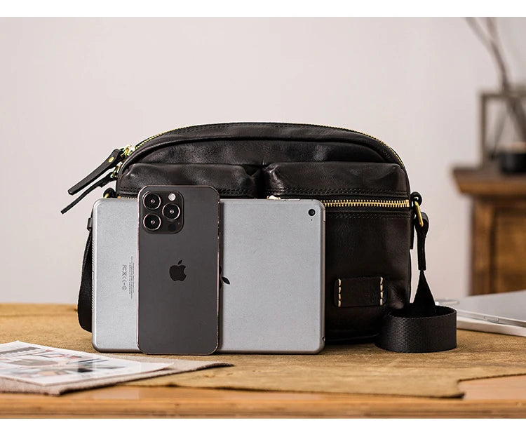 Fashion designers handmade vegetable tanned leather men's shoulder bag casual luxury genuine leather teens black crossbody bag