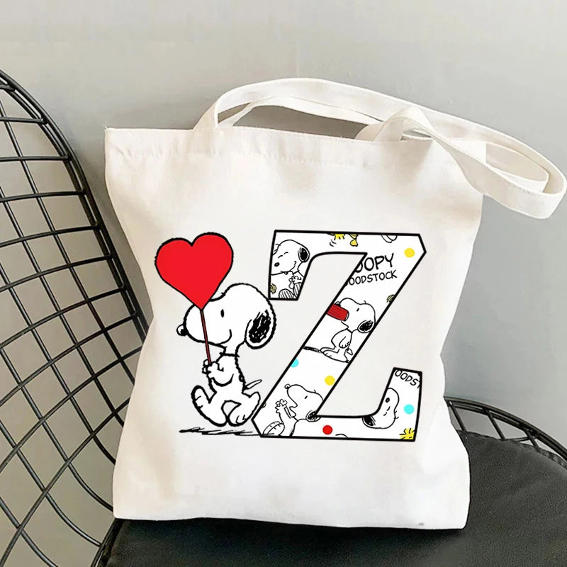 Snoopy Simple High-capacity Canvas Bags Women Anime Letter A-Z Printing Shopping Handbag Students Daily Portable Shoulder Bag