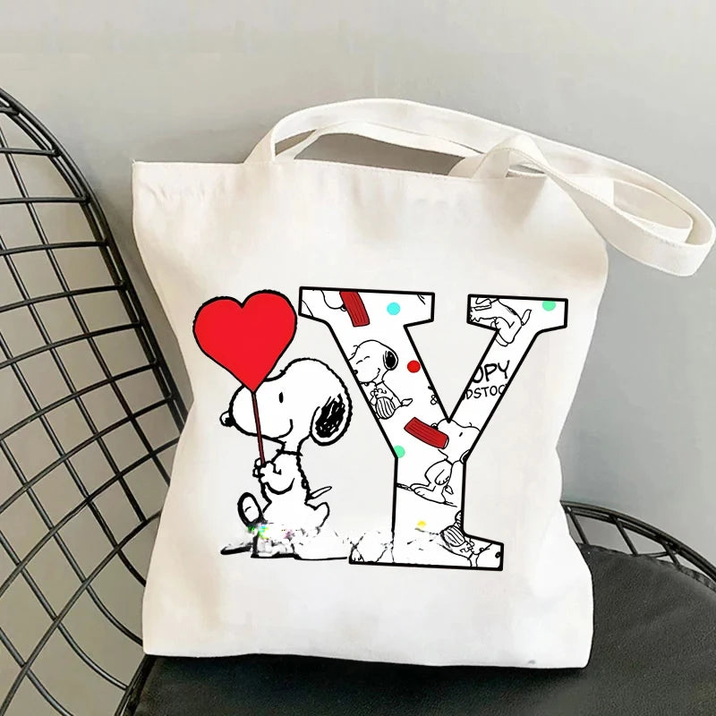 Snoopy Simple High-capacity Canvas Bags Women Anime Letter A-Z Printing Shopping Handbag Students Daily Portable Shoulder Bag