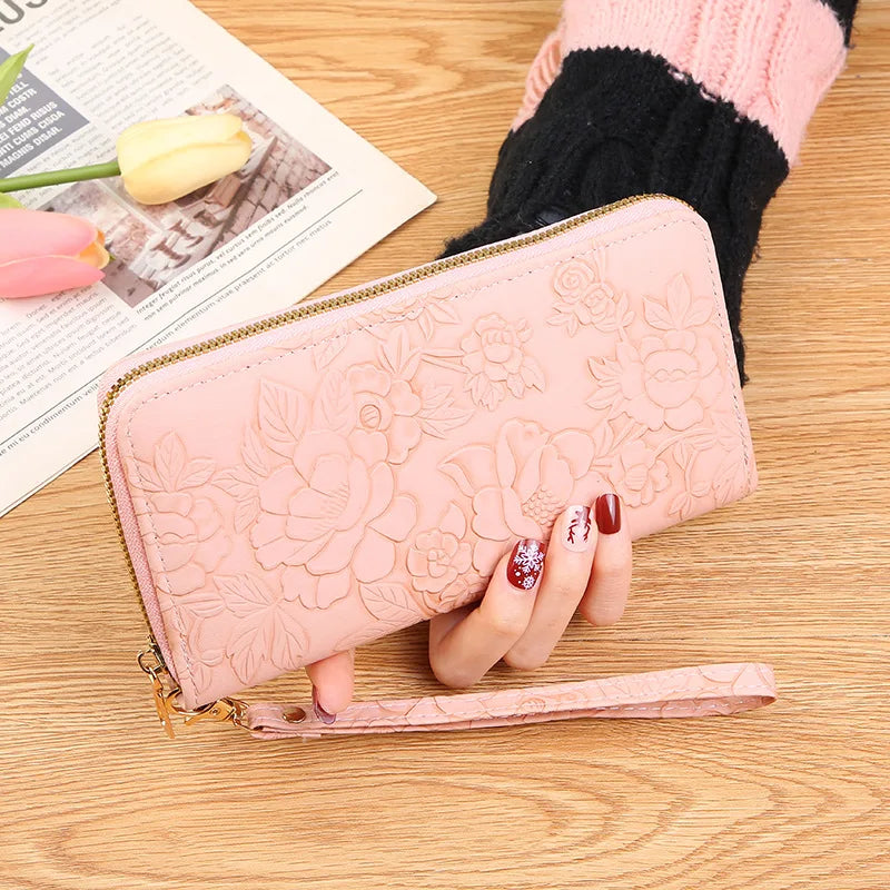 Long Zippered Women's Purse,Enlarged Ladies Phone Wallet,Embossed Design Fashionable Minimalist Money Bag,Lady Leather Purses