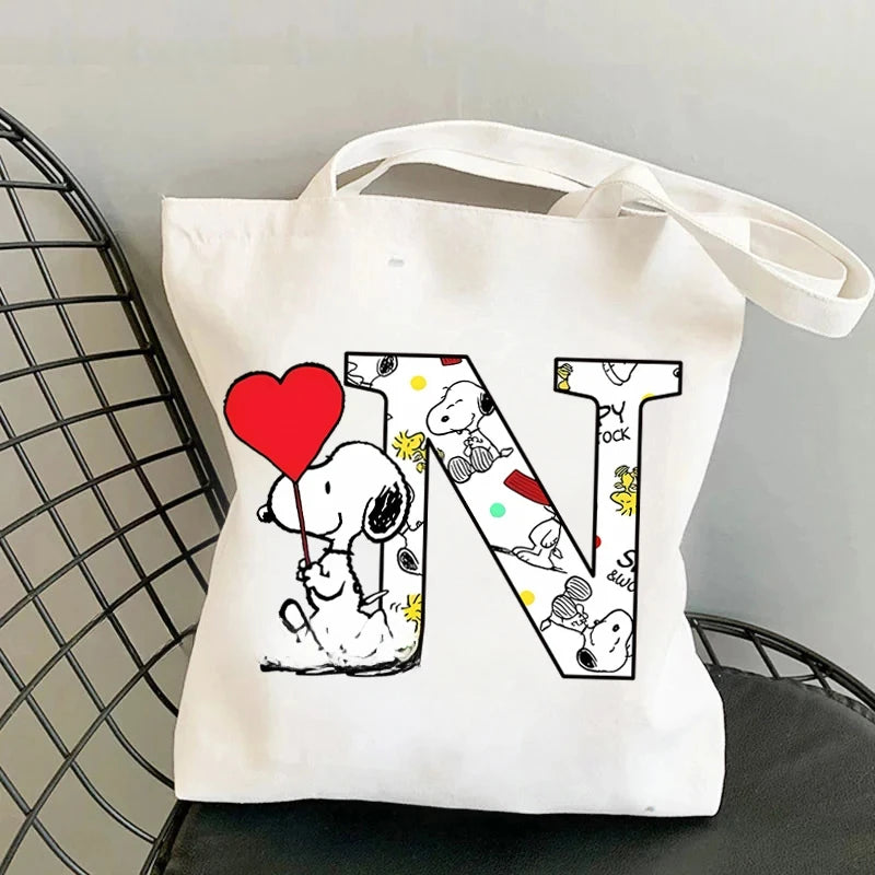 Snoopy Simple High-capacity Canvas Bags Women Anime Letter A-Z Printing Shopping Handbag Students Daily Portable Shoulder Bag