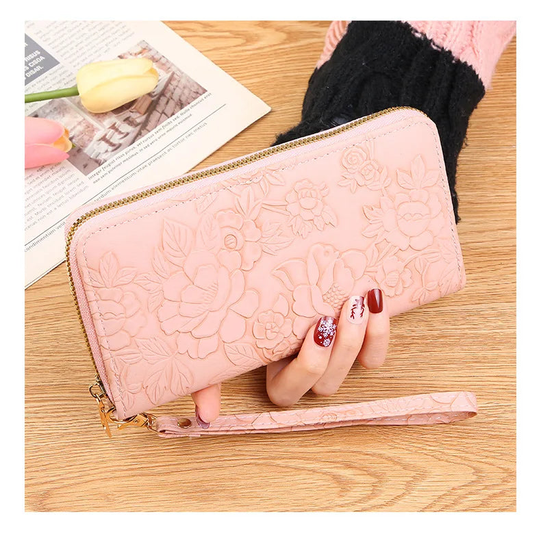 Long Zippered Women's Purse,Enlarged Ladies Phone Wallet,Embossed Design Fashionable Minimalist Money Bag,Lady Leather Purses