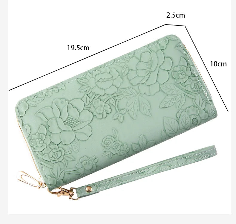 Long Zippered Women's Purse,Enlarged Ladies Phone Wallet,Embossed Design Fashionable Minimalist Money Bag,Lady Leather Purses