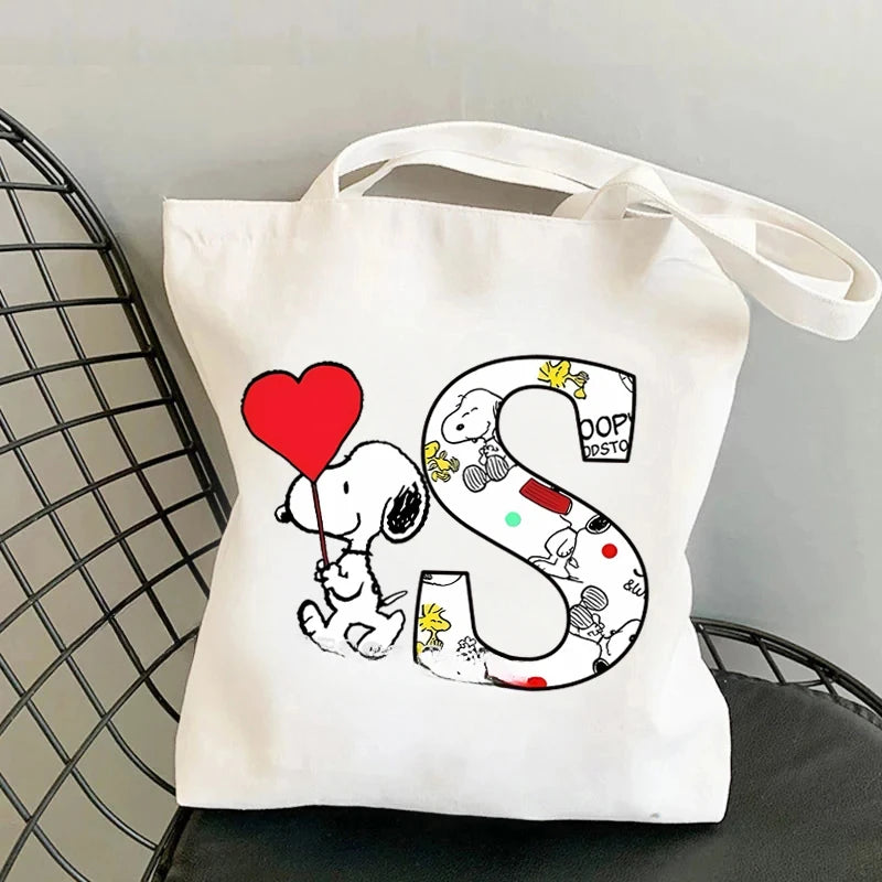 Snoopy Simple High-capacity Canvas Bags Women Anime Letter A-Z Printing Shopping Handbag Students Daily Portable Shoulder Bag
