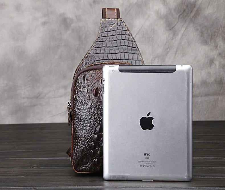 Men's Genuine Leather Crossbody Bag Vintage Crocodile Embossed Luxury Shoulder Bag Chest Bag Designer Adjustable Strap Zipper