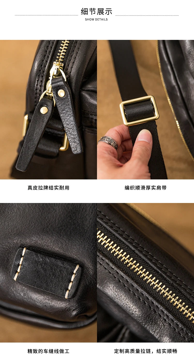 Fashion designers handmade vegetable tanned leather men's shoulder bag casual luxury genuine leather teens black crossbody bag