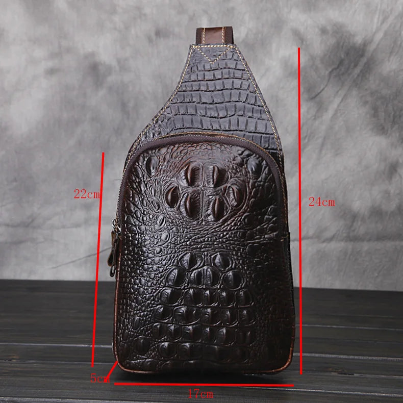 Men's Genuine Leather Crossbody Bag Vintage Crocodile Embossed Luxury Shoulder Bag Chest Bag Designer Adjustable Strap Zipper