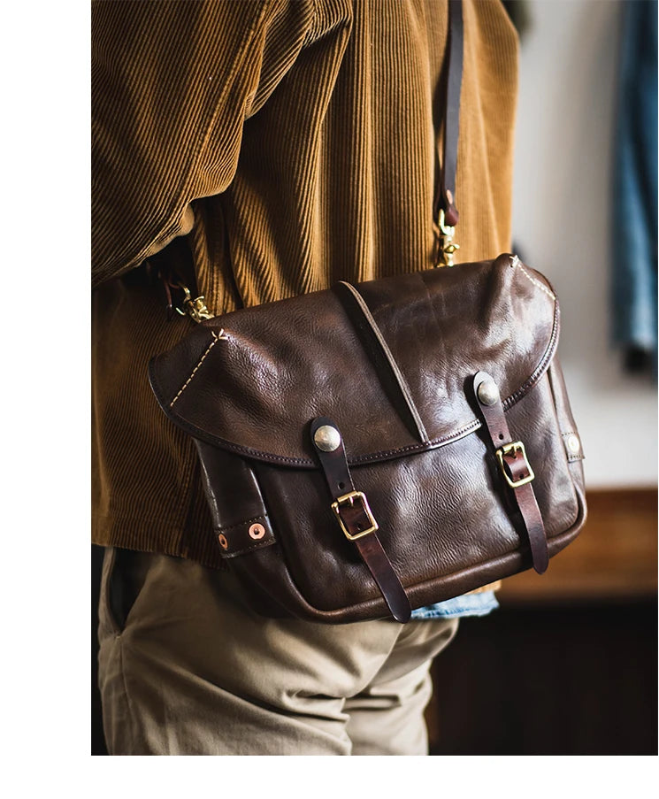 Vintage personality designer handmade high-quality cow leather men's messenger bag work luxury genuine leather shoulder bag