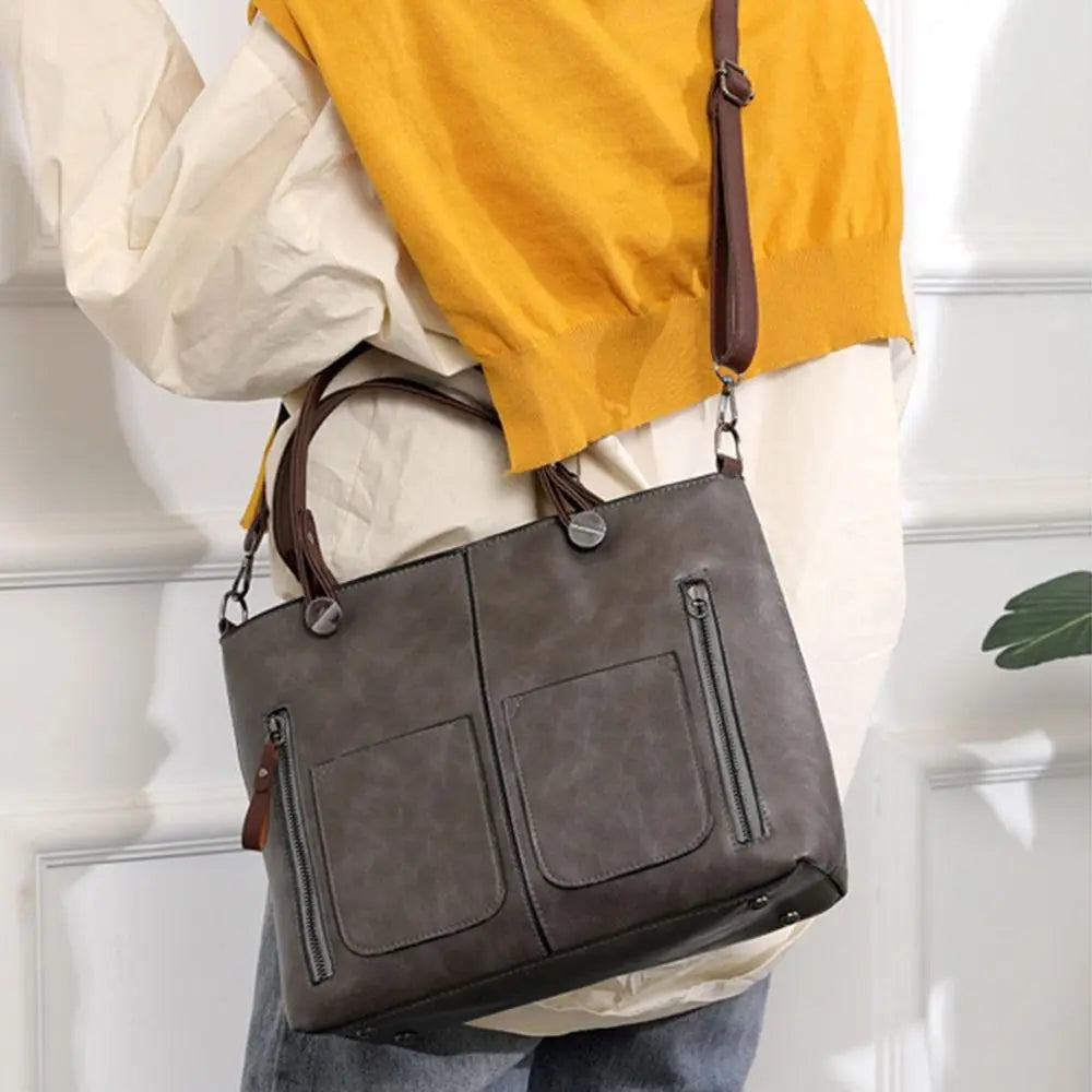 Ladies Vintage Leather Shoulder Bag, Large Leather Purses Work Bags with Multi-Pocket Tote Bag Crossbody Handbags for Women
