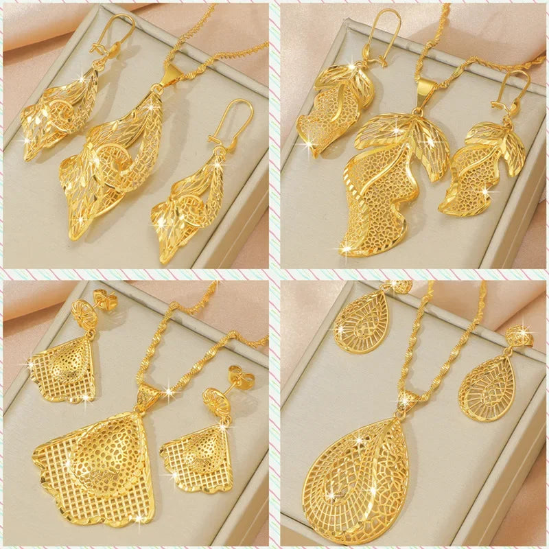 9999 Real Gold Leaf Flower Necklace Earring Set | Wedding Pendants for Brides | 24K Gold Women's Elegant Jewelry