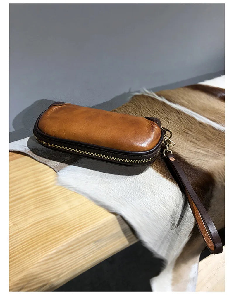Vintage Handmade Luxury Genuine Leather Men Clutch Bag Casual Designer High Quality Real Cowhide Phone Card Holder Wallet