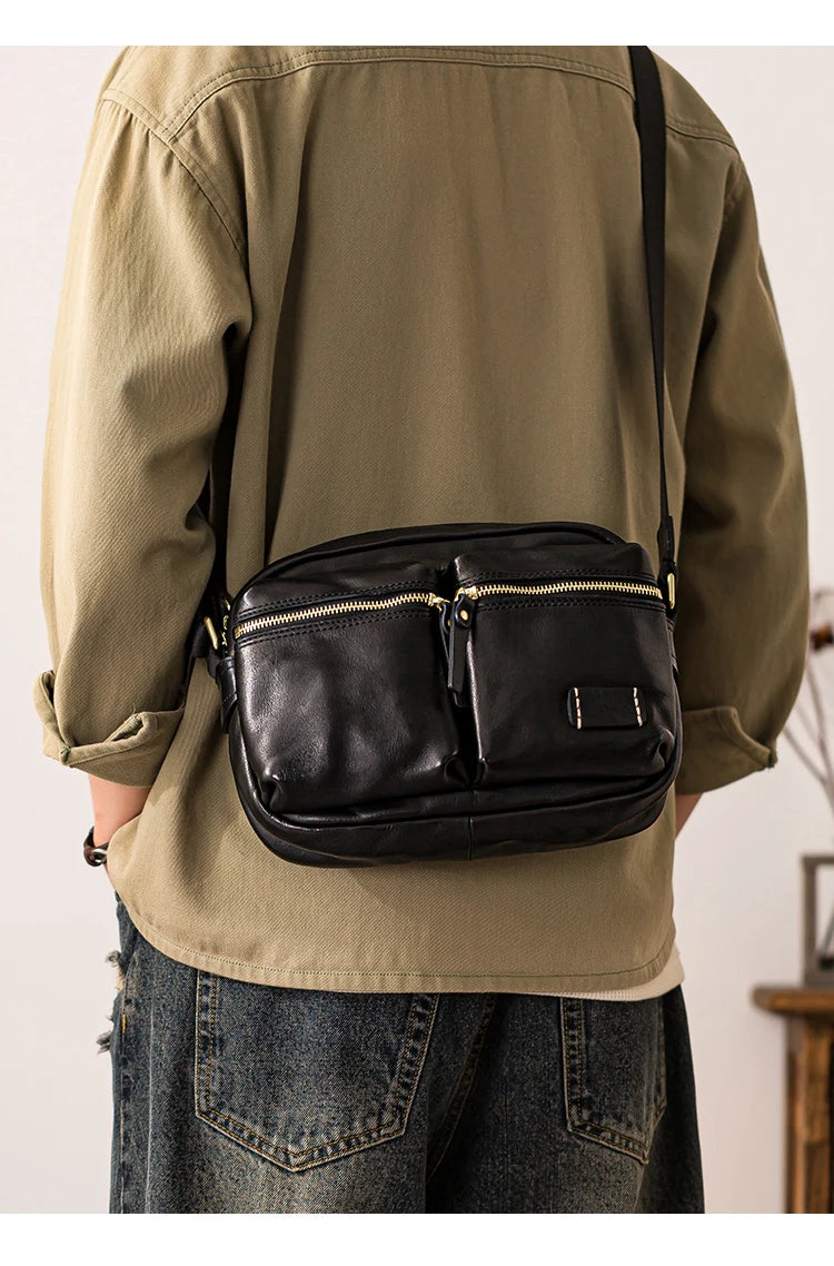 Fashion designers handmade vegetable tanned leather men's shoulder bag casual luxury genuine leather teens black crossbody bag