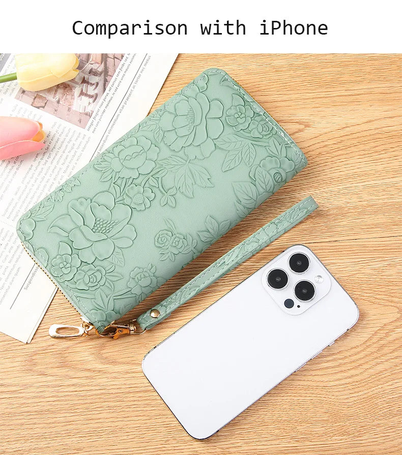 Long Zippered Women's Purse,Enlarged Ladies Phone Wallet,Embossed Design Fashionable Minimalist Money Bag,Lady Leather Purses