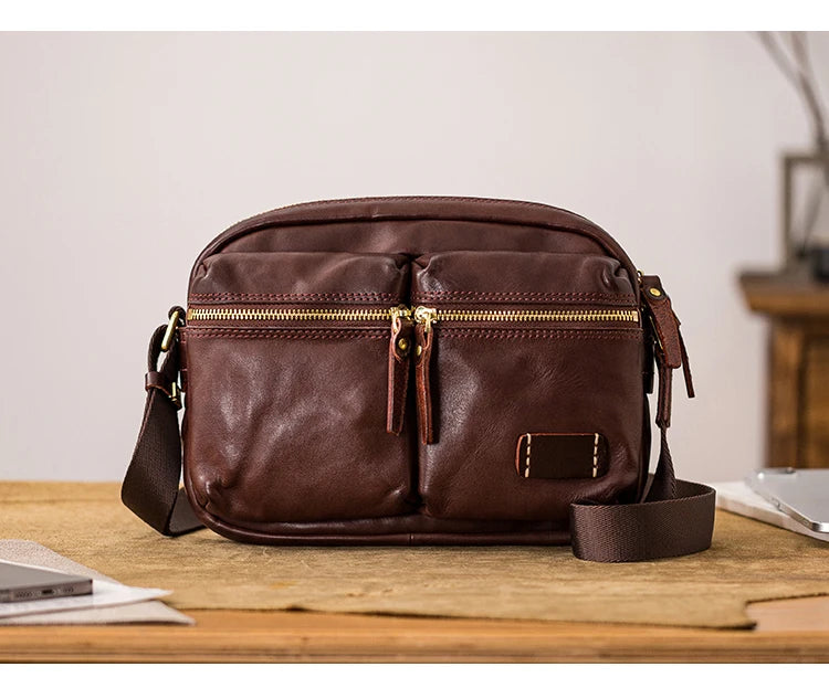 Fashion designers handmade vegetable tanned leather men's shoulder bag casual luxury genuine leather teens black crossbody bag