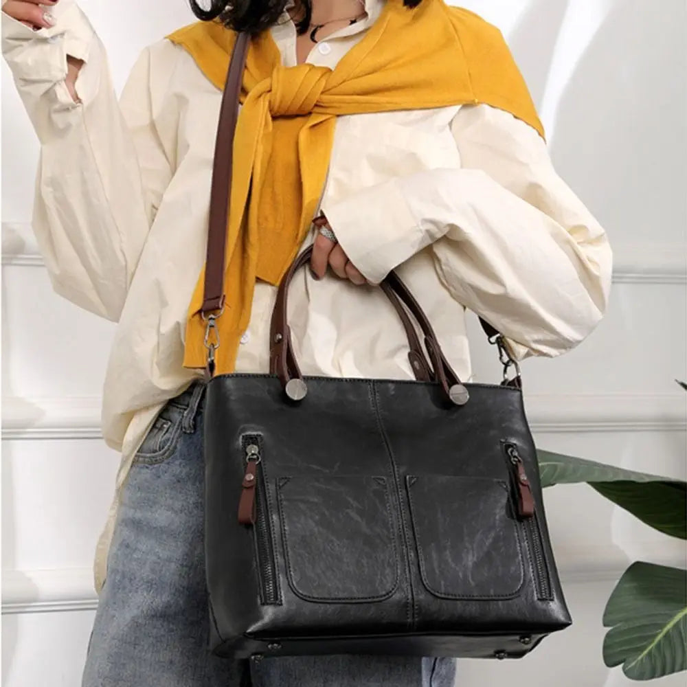 Ladies Vintage Leather Shoulder Bag, Large Leather Purses Work Bags with Multi-Pocket Tote Bag Crossbody Handbags for Women