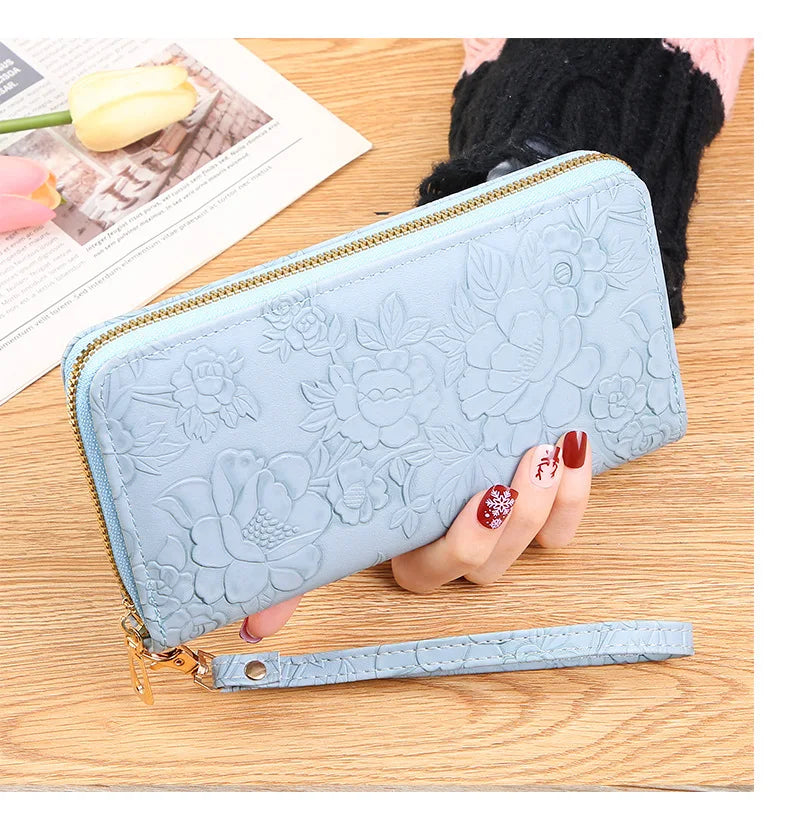 Long Zippered Women's Purse,Enlarged Ladies Phone Wallet,Embossed Design Fashionable Minimalist Money Bag,Lady Leather Purses