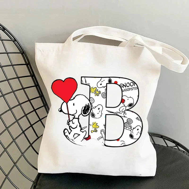 Snoopy Simple High-capacity Canvas Bags Women Anime Letter A-Z Printing Shopping Handbag Students Daily Portable Shoulder Bag
