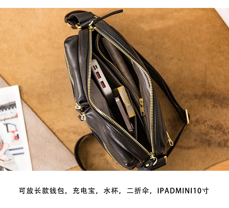 Fashion designers handmade vegetable tanned leather men's shoulder bag casual luxury genuine leather teens black crossbody bag