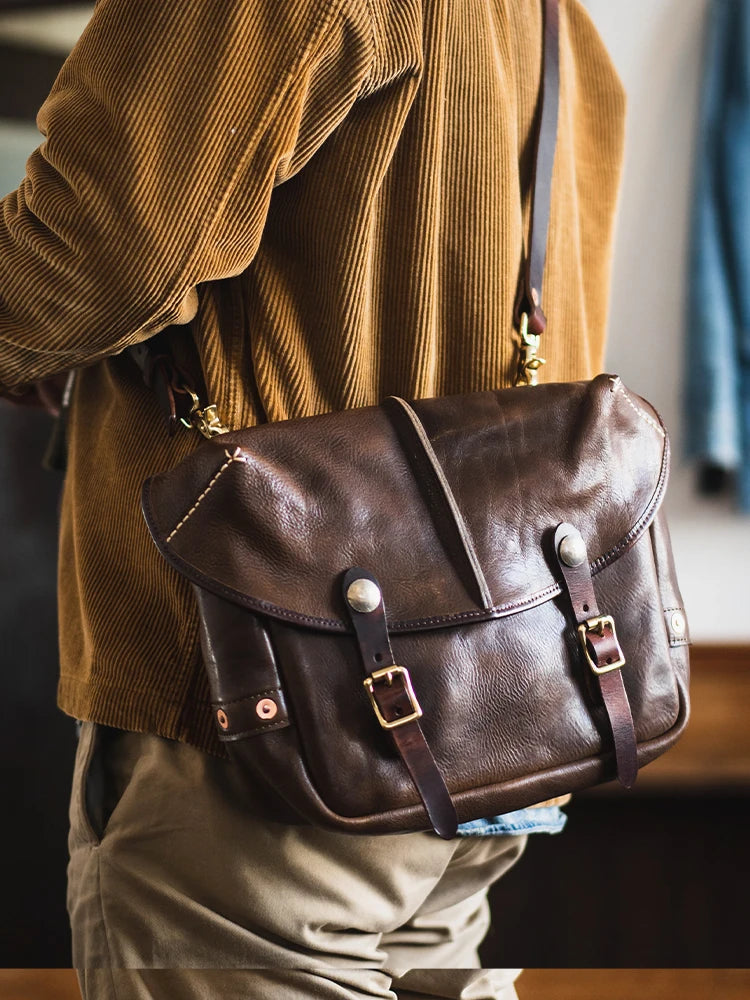 Vintage personality designer handmade high-quality cow leather men's messenger bag work luxury genuine leather shoulder bag