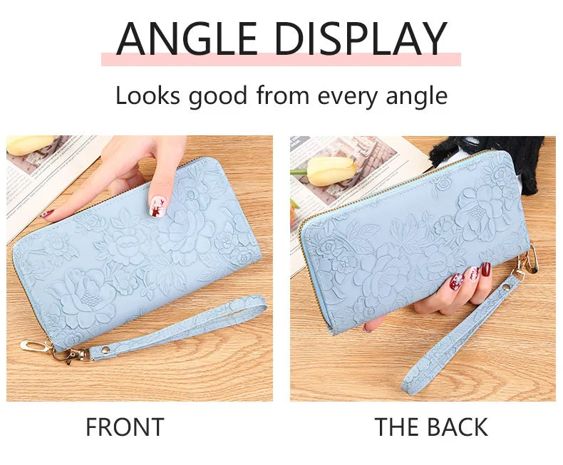 Long Zippered Women's Purse,Enlarged Ladies Phone Wallet,Embossed Design Fashionable Minimalist Money Bag,Lady Leather Purses