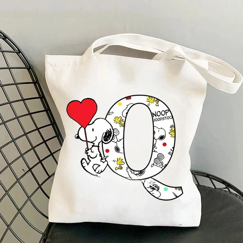 Snoopy Simple High-capacity Canvas Bags Women Anime Letter A-Z Printing Shopping Handbag Students Daily Portable Shoulder Bag