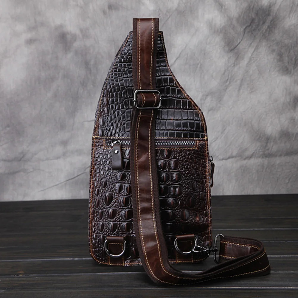 Men's Genuine Leather Crossbody Bag Vintage Crocodile Embossed Luxury Shoulder Bag Chest Bag Designer Adjustable Strap Zipper