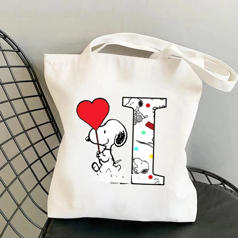 Snoopy Simple High-capacity Canvas Bags Women Anime Letter A-Z Printing Shopping Handbag Students Daily Portable Shoulder Bag